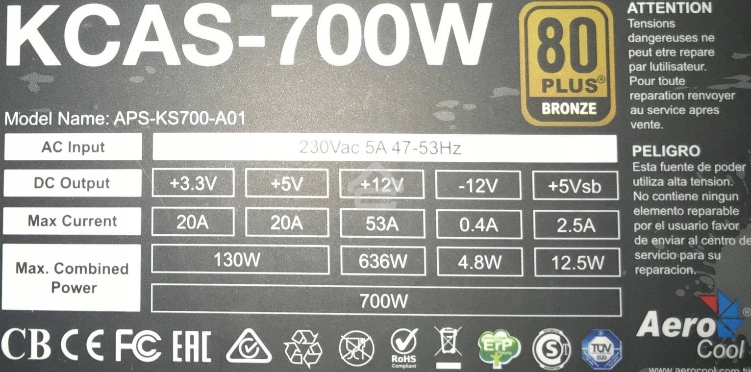 Блок питания Aerocool/Formula AC KCAS PLUS 700, 700Вт, 80 PLUS Bronze, 120мм черный (аналог Aerocool KCAS PLUS 700W)