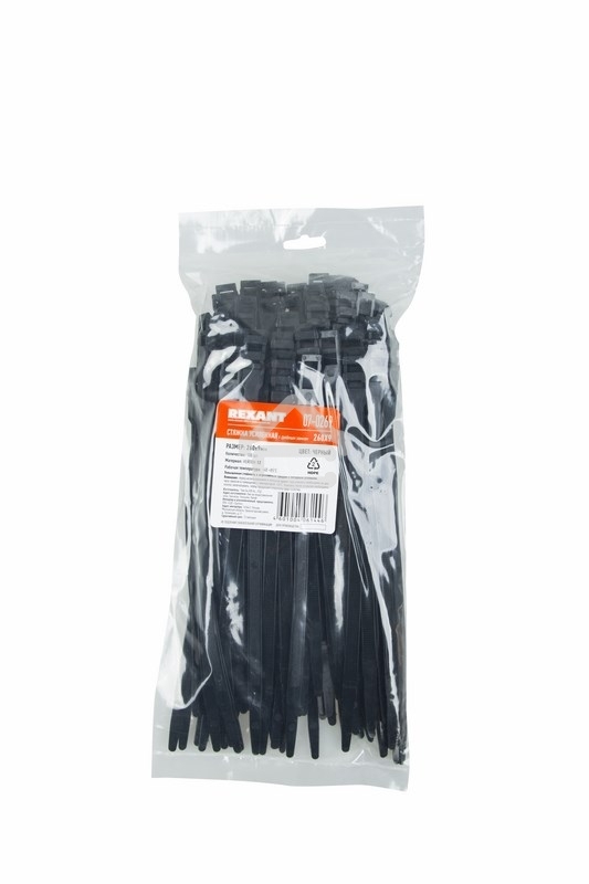 Хомут-стяжкa нейлоновая усиленная с двойным горизонтальным замком Rexant 260x9,0 мм, черная, упаковка 100 шт.