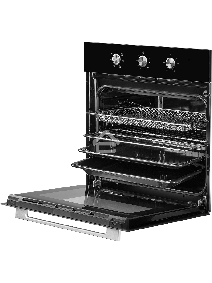 Духовой шкаф MONSHER MOE 6062 Noir, 5 режимов работы, объем духовки 58 л., утапливаемые переключатели, механический таймер, 2 стекла в дверце, энергоэффективность А, цвет: черный,фурнитура серебряная