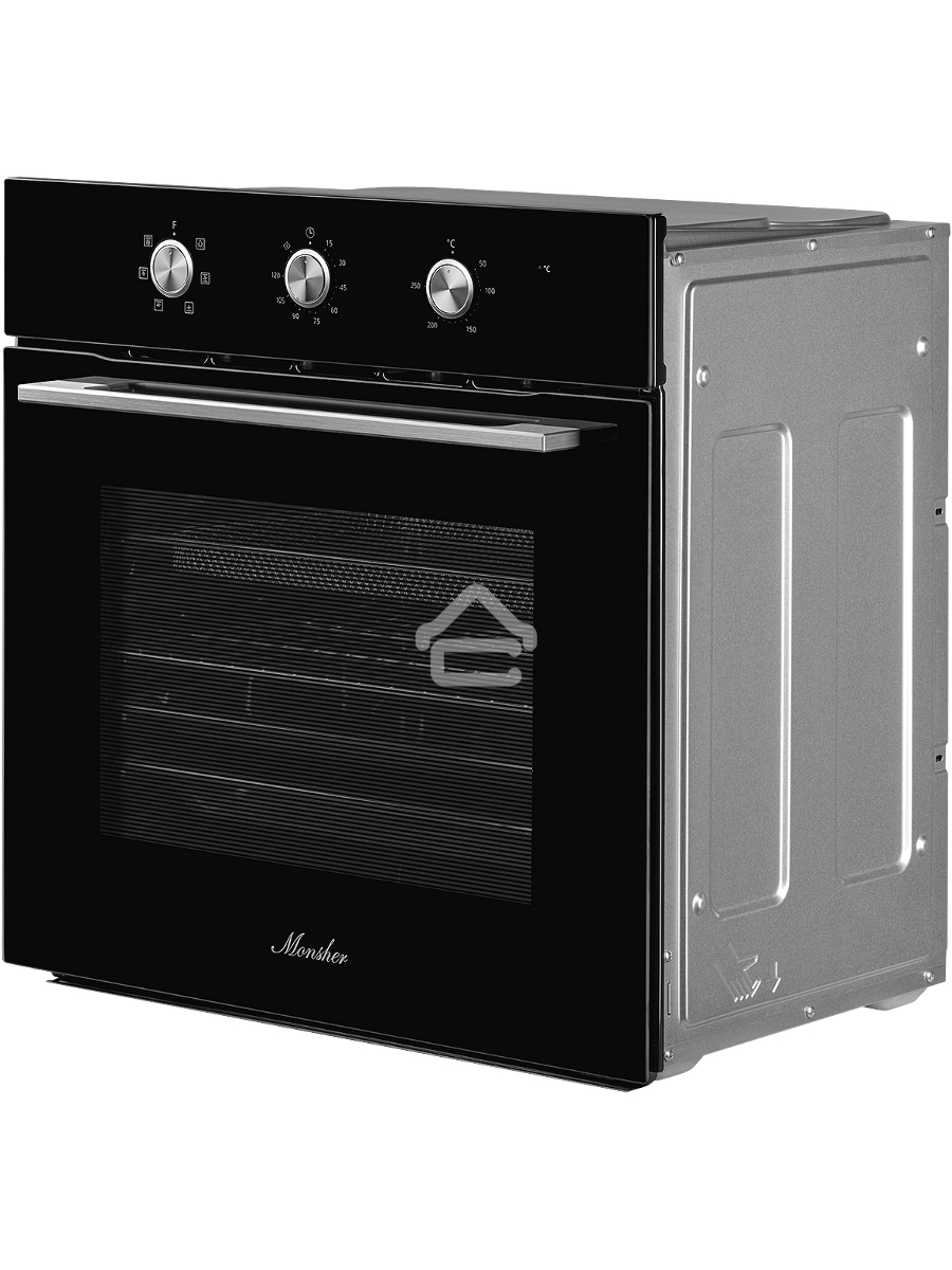 Духовой шкаф MONSHER MOE 6062 Noir, 5 режимов работы, объем духовки 58 л., утапливаемые переключатели, механический таймер, 2 стекла в дверце, энергоэффективность А, цвет: черный,фурнитура серебряная