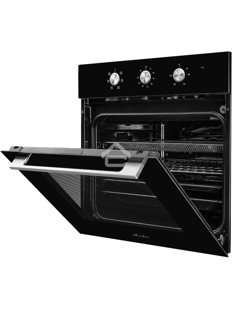 Духовой шкаф MONSHER MOE 6062 Noir, 5 режимов работы, объем духовки 58 л., утапливаемые переключатели, механический таймер, 2 стекла в дверце, энергоэффективность А, цвет: черный,фурнитура серебряная