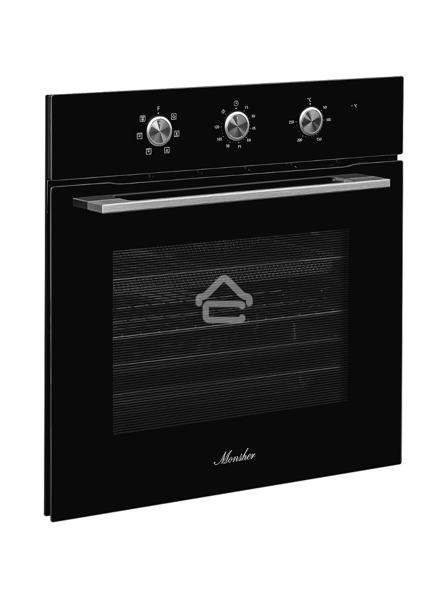 Духовой шкаф MONSHER MOE 6062 Noir, 5 режимов работы, объем духовки 58 л., утапливаемые переключатели, механический таймер, 2 стекла в дверце, энергоэффективность А, цвет: черный,фурнитура серебряная