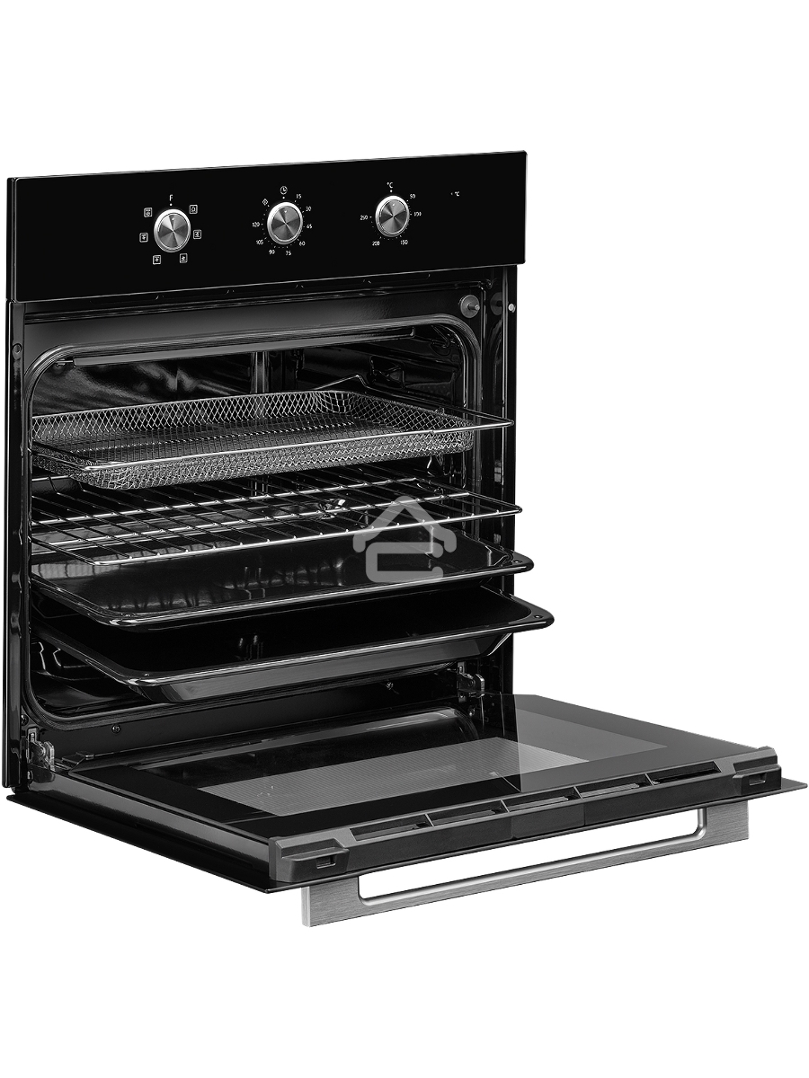 Духовой шкаф MONSHER MOE 6062 Noir, 5 режимов работы, объем духовки 58 л., утапливаемые переключатели, механический таймер, 2 стекла в дверце, энергоэффективность А, цвет: черный,фурнитура серебряная