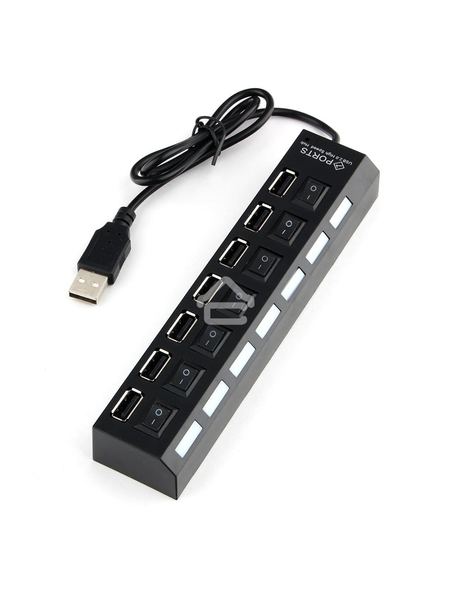 Разветвитель USB2.0 Gembird UHB-U2P7-01, 7хUSB, с доп. питанием, подсветка и выключатели, кабель USB 55см, черный, коробка