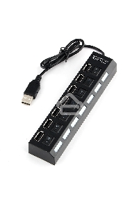Разветвитель USB2.0 Gembird UHB-U2P7-01, 7хUSB, с доп. питанием, подсветка и выключатели, кабель USB 55см, черный, коробка