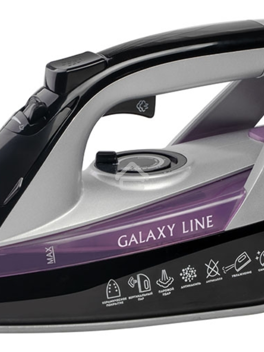 Утюг Galaxy Line GL 6128, фиолетовый с черным, паровой, 2200 Вт, постоянный пар 30 г/мин, паровой удар 140 г/мин, функции: самоочистка, антикапля, антинакипь, функция увлажнения, вертикальное отпаривание, защита от перегрева, индикатор нагрева, керамическ