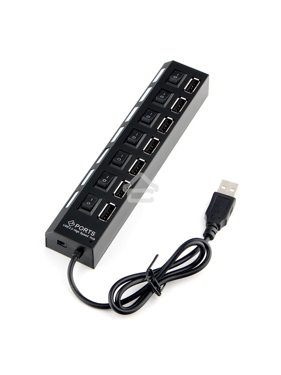 Разветвитель USB2.0 Gembird UHB-U2P7-01, 7хUSB, с доп. питанием, подсветка и выключатели, кабель USB 55см, черный, коробка