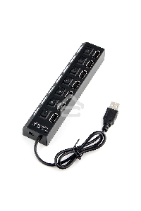 Разветвитель USB2.0 Gembird UHB-U2P7-01, 7хUSB, с доп. питанием, подсветка и выключатели, кабель USB 55см, черный, коробка
