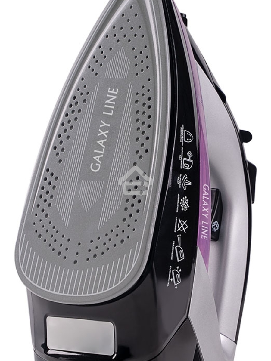 Утюг Galaxy Line GL 6128, фиолетовый с черным, паровой, 2200 Вт, постоянный пар 30 г/мин, паровой удар 140 г/мин, функции: самоочистка, антикапля, антинакипь, функция увлажнения, вертикальное отпаривание, защита от перегрева, индикатор нагрева, керамическ