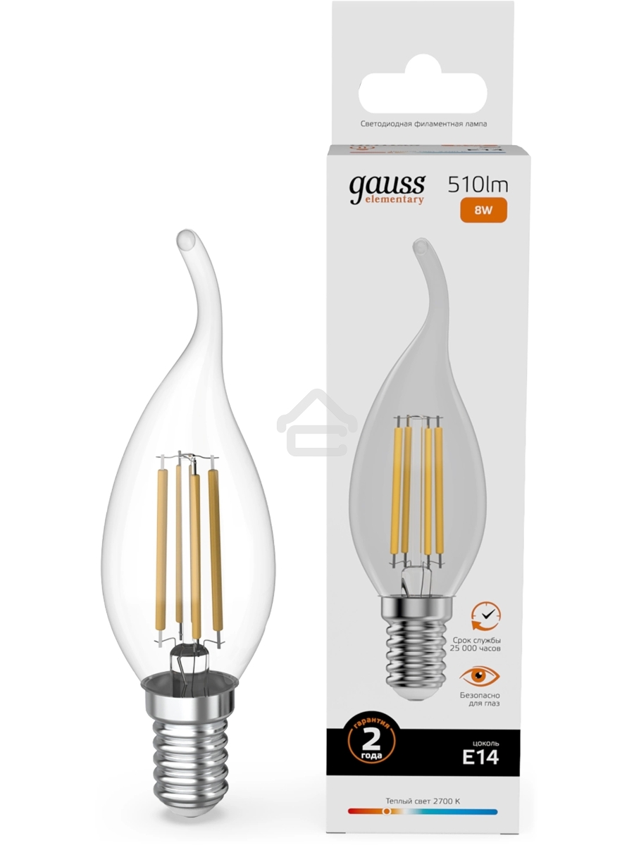 Лампа филам. Gauss Filament 8Вт цок.:E14 свеча св.свеч.бел.теп. (упак.:10шт) (42118)