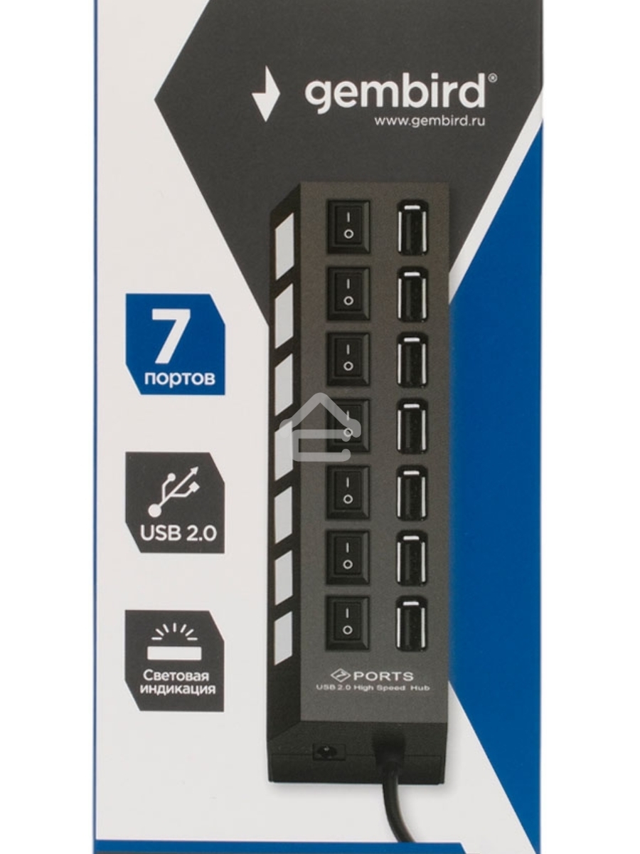 Разветвитель USB2.0 Gembird UHB-U2P7-01, 7хUSB, с доп. питанием, подсветка и выключатели, кабель USB 55см, черный, коробка
