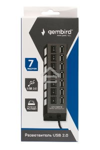 Разветвитель USB2.0 Gembird UHB-U2P7-01, 7хUSB, с доп. питанием, подсветка и выключатели, кабель USB 55см, черный, коробка