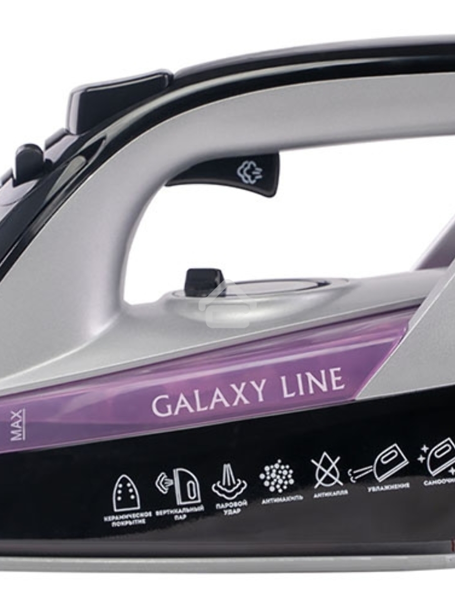 Утюг Galaxy Line GL 6128, фиолетовый с черным, паровой, 2200 Вт, постоянный пар 30 г/мин, паровой удар 140 г/мин, функции: самоочистка, антикапля, антинакипь, функция увлажнения, вертикальное отпаривание, защита от перегрева, индикатор нагрева, керамическ