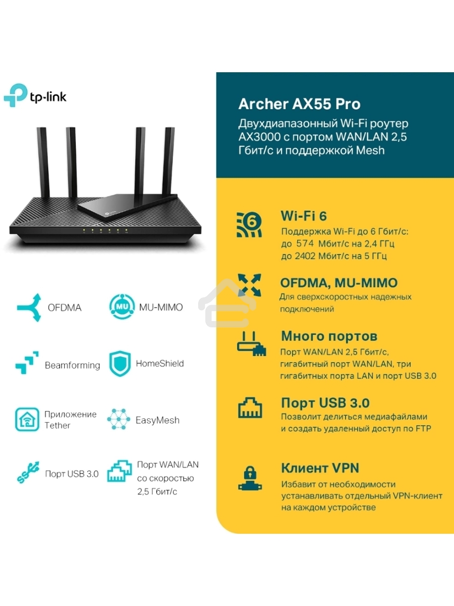Двухдиапазонный гигабитный TP-Link Archer AX55 Pro AX3000 Wi-Fi 6 роутер