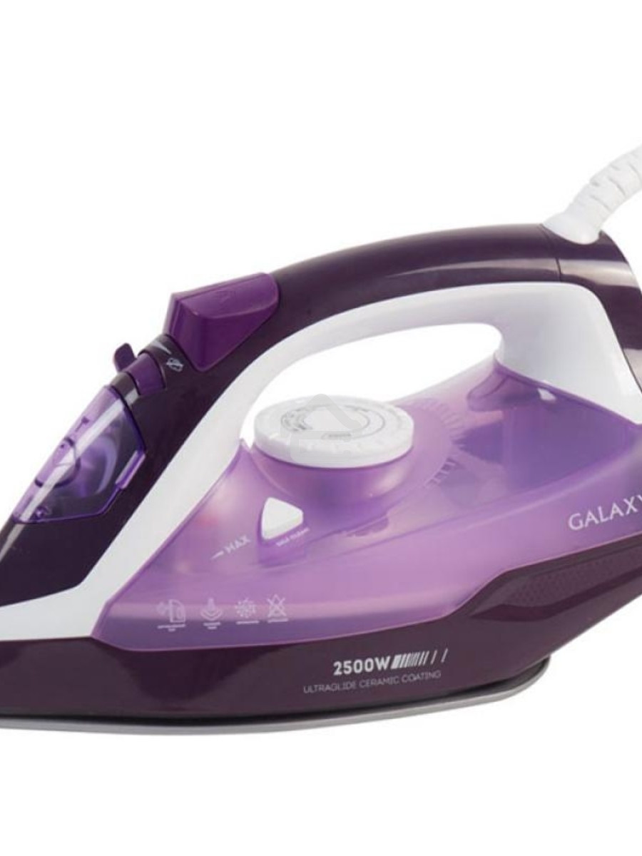 Утюг Galaxy Line GL 6124, фиолетовый с белым, паровой, 2500 Вт, постоянный пар 50 г/мин, паровой удар 230 г/мин, функции: самоочистка, антикапля, антинакипь, функция увлажнения, вертикальное отпаривание, защита от перегрева, индикатор нагрева, керамическо