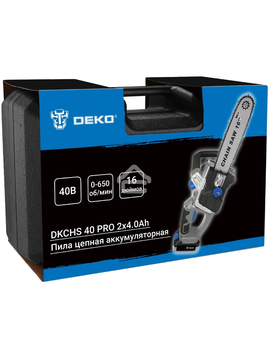 Пила цепная аккумуляторная в кейсе DEKO DKCHS 40 PRO [063-4357] { 2х20В, 2x4.0Ач, 2 з/у }