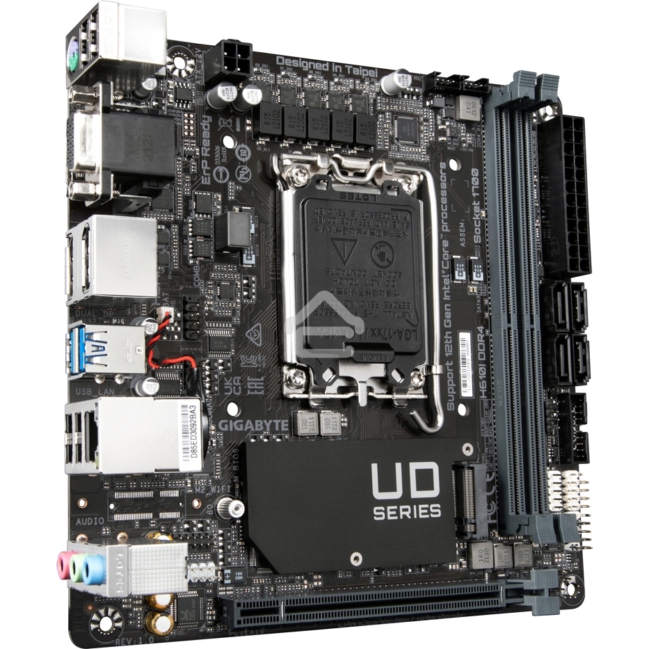 Материнская плата Gigabyte H610I DDR4, LGA 1700, Intel H610, 2xDDR4, 4xSATA, 1xM.2, 1xPCIe 4.0 x16, 1xHDMI, 1xVGA, 2xDP, 1x 1Gb LAN, 2xUSB-A 3.2 Gen 1, 4xUSB-A 2.0, 3x 3.5 мм, 7.1, Mini-ITX