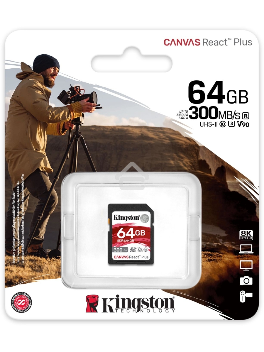 Флеш карта SDHC 64Gb Kingston SDHC, UHS-I Class U3 V90, чтение: 300Мб/с, запись: 260Мб/с <SDR2/64GB>