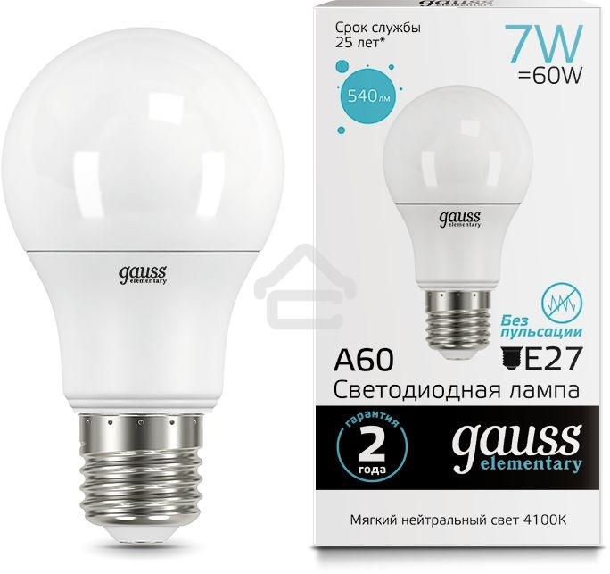 Светодиодная лампа LED Elementary A60 7W E27 540lm 4100K 1/10/100 0 GAUSS 23227A