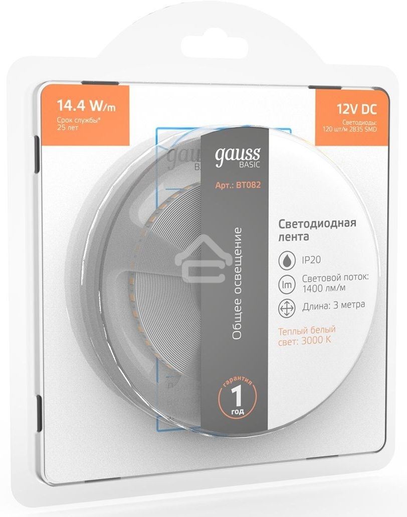 Лента светодиодная Basic Gauss 12V 14,4W/m 1400lm/m 3000K IP20 LED 3m 1/100