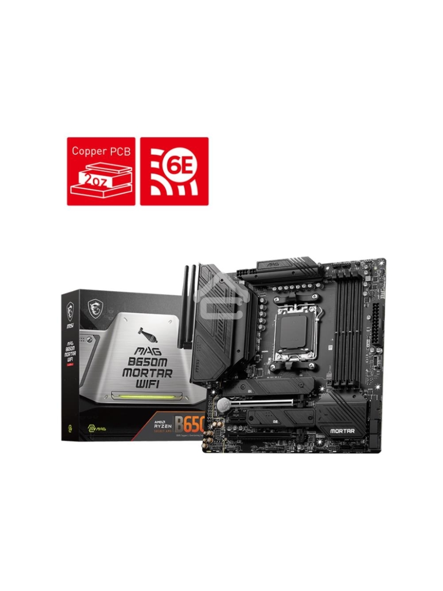 Материнская плата MSI MAG B650M MORTAR WIFI, AM5, AMD B650, 4xDDR5, 6xSATA, 2xM.2, 1xPCI-E 4.0 x16, 1xPCI-E 4.0 x4, 1xHDMI, 1xDP, 1x2.5Gb LAN, 3xUSB 3.2 Gen 2, 4xUSB 3.2 Gen 1, 1xUSB-C 3.2 Gen 2x2, 5x3.5мм аудио, 7.1, Micro-ATX