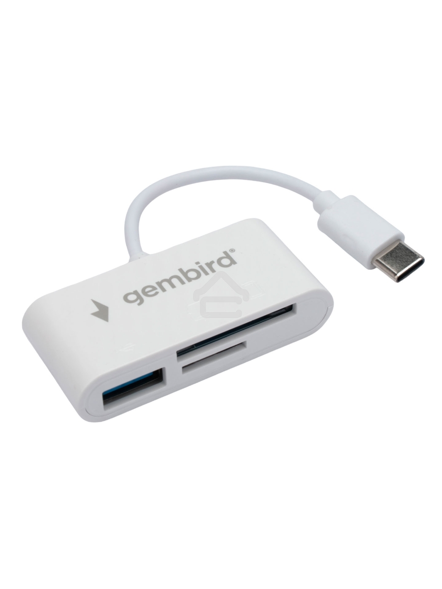 Картридер Type-C (2.0) Gembird FD2-MSD-2, 3в1: SD, TF (MicroSD), USB2.0, кабель 10см, белый