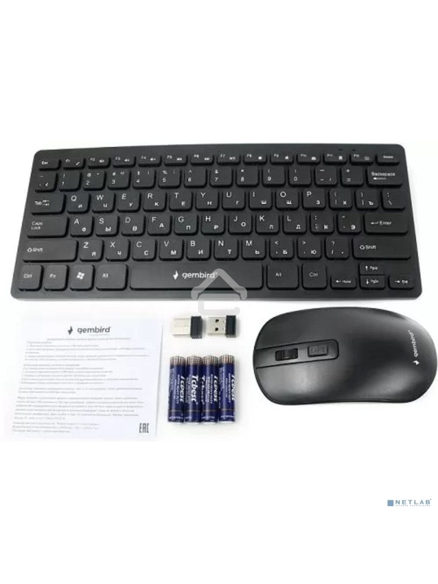 Комплект клавиатура+мышь беспроводные Gembird KBS-9100, 2.4ГГц, чёрн, 84кл, 1600 DPI, бат. в компл.