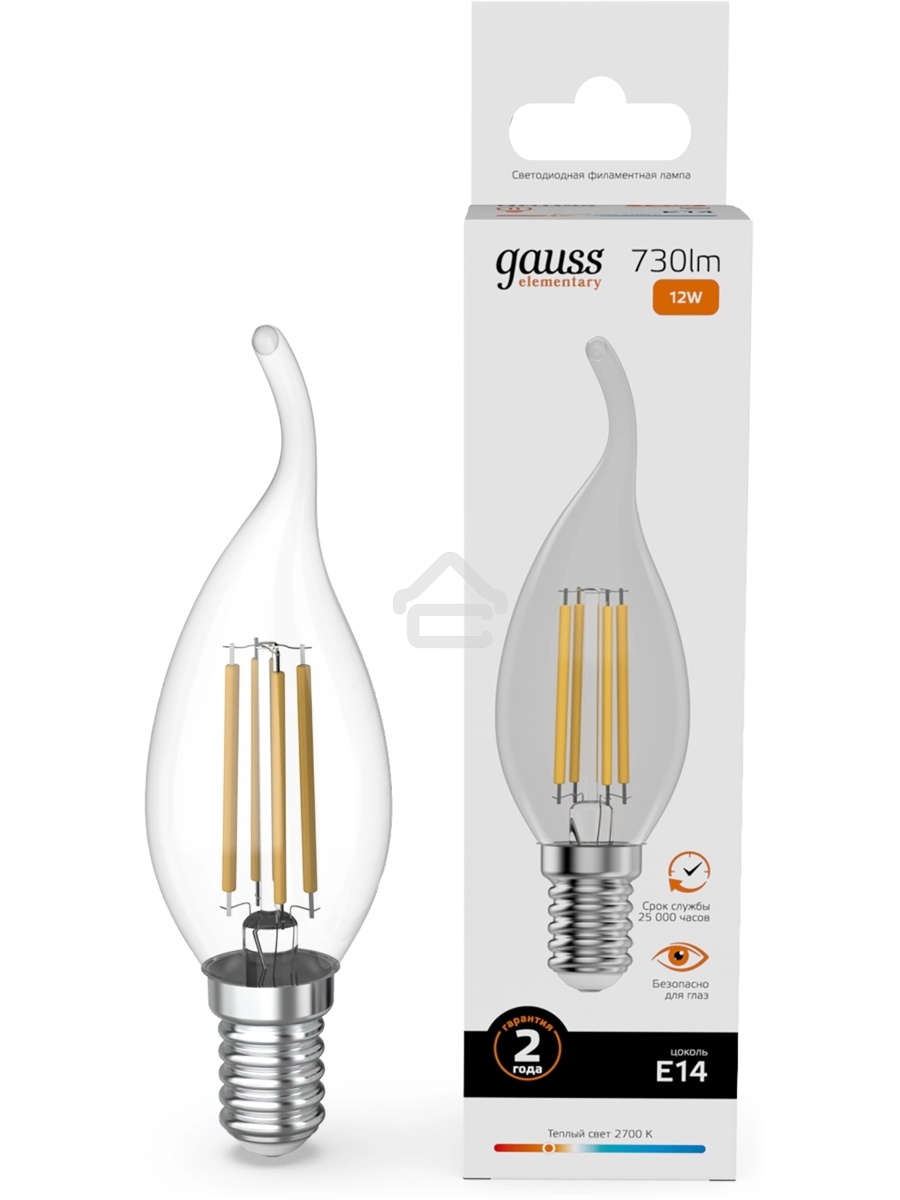 Лампа филам. Gauss Filament 12Вт цок.:E14 свеча св.свеч.бел.теп. (упак.:10шт) (42112)