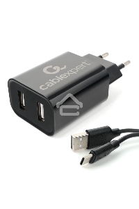 Адаптер питания Cablexpert MP3A-PC-37 USB 2 порта, 2.4A, черный + кабель 1м Type-C