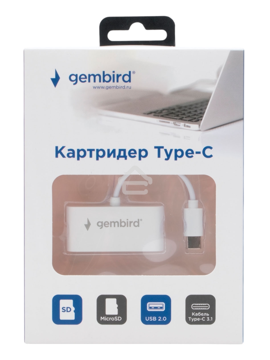 Картридер Type-C (2.0) Gembird FD2-MSD-2, 3в1: SD, TF (MicroSD), USB2.0, кабель 10см, белый