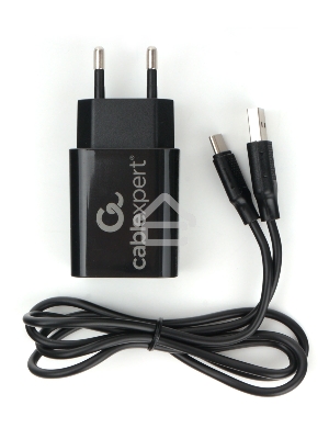 Адаптер питания Cablexpert MP3A-PC-37 USB 2 порта, 2.4A, черный + кабель 1м Type-C