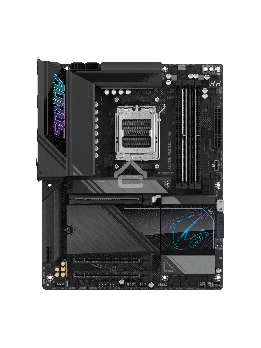 Материнская плата Gigabyte X870E AORUS PRO, AM5, AMD X870E, 4xDDR5, 4xSATA, 4xM.2, 1xPCI-E 5.0 x16, 1xPCI-E 4.0 x4, 1xPCI-E 3.0 x4, 1xHDMI, 1xUSB-C (DP), 1x 2.5Gb LAN, 2xUSB-A 2.0, 4xUSB-A 3.2 Gen 1, 3xUSB-A 3.2 Gen 2, 2xUSB-C 3.2 Gen 2 (USB4), 2x3.5 мм, 