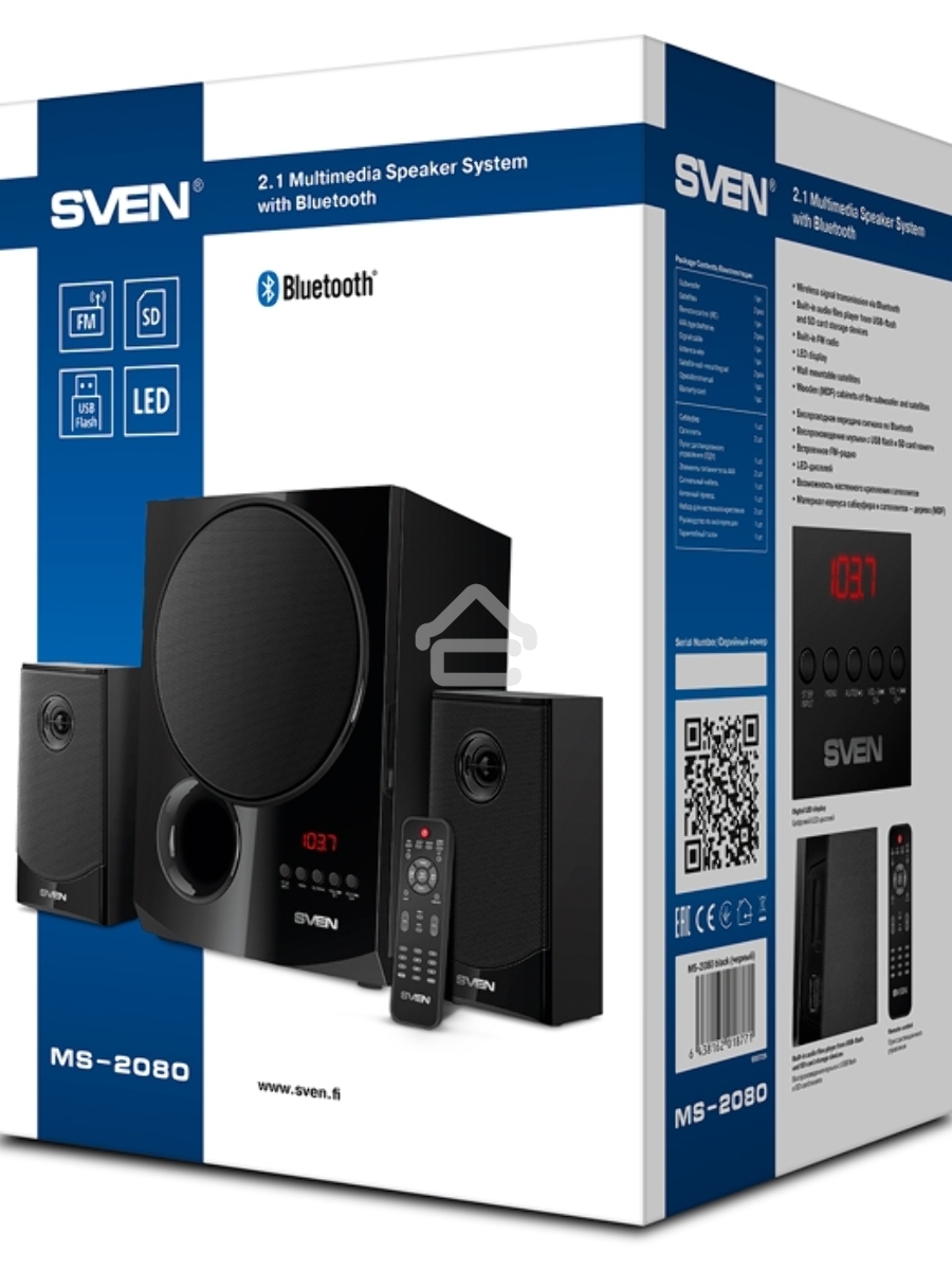 Акустическая система 2.1 SVEN MS-2080 / 70 Watt / ~220V 50Hz / FM-тюнер, USB/ SD, дисплей / BLUETOOTH / ПДУ / Black