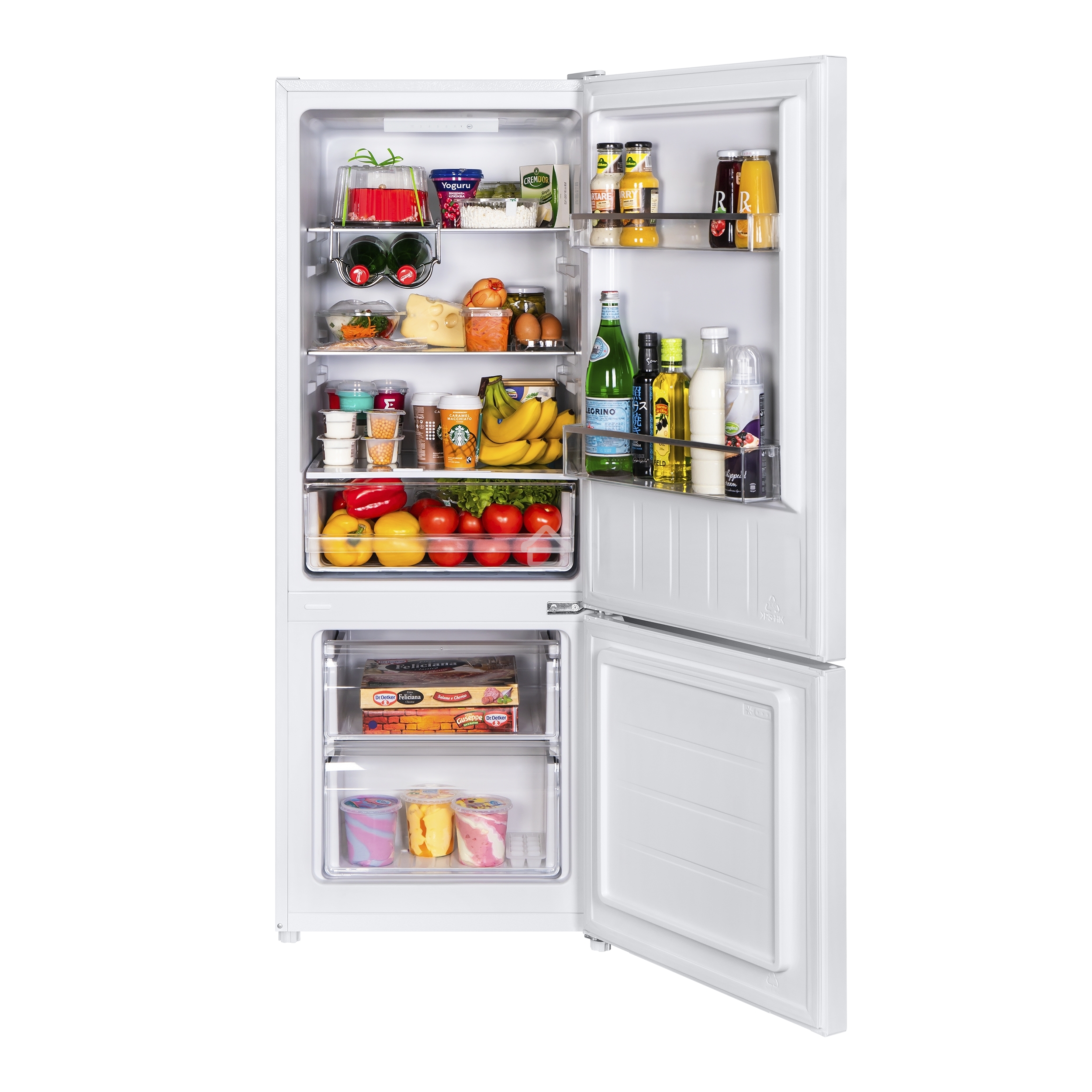 Холодильник Maunfeld MFF144SFW белый глянц. двухкамерный 154/52л морозилка снизу, ручная разморозка