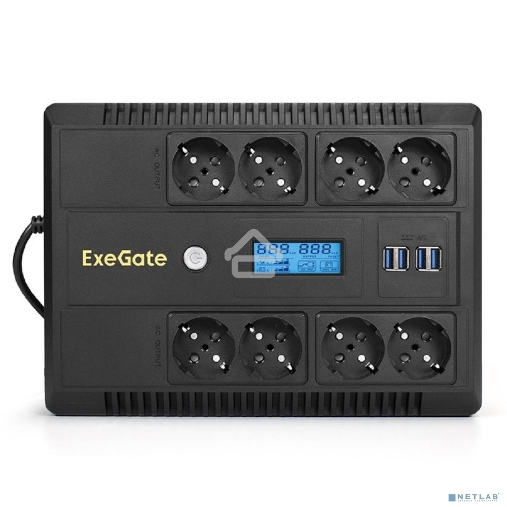 Источник бесперебойного питания ExeGate NEO Smart LHB-1000.LCD.AVR.8SH.CH.USB <1000VA/650W, LCD, AVR, 8*Schuko, USB, 4*USB-порта для зарядки, Black>