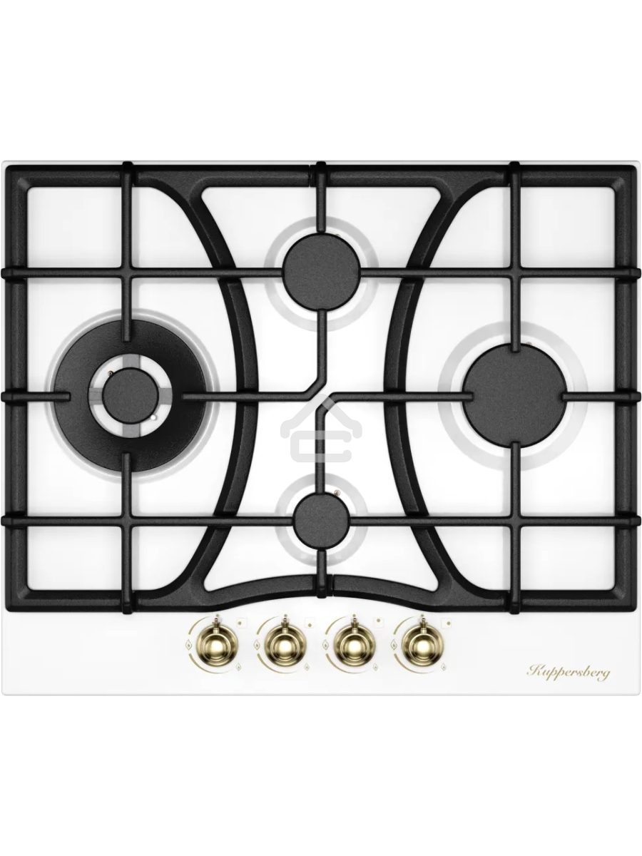Варочная поверхность Kuppersberg FS 610 W Bronze, газ, Classic, 61 см, автоматический электроподжиг, газ-контроль, SABAF конфорки, чугунные решетки, цвет белый, цвет фурнитуры бронзовый