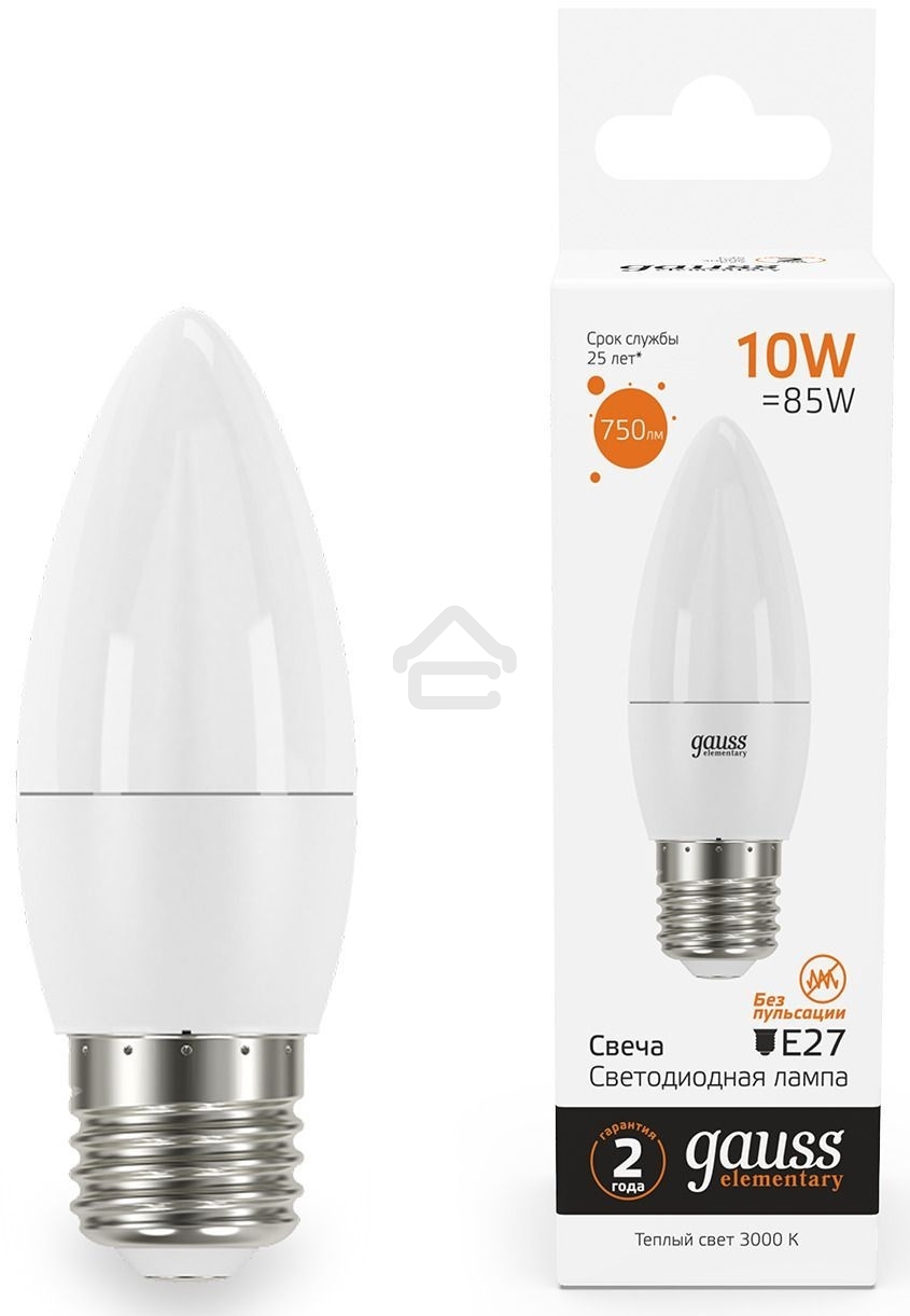 Лампа светодиодная Gauss Elementary 30210 10Вт цок.:E27 свеча 220B 3000K св.свеч.бел.теп. (упак.:10шт)