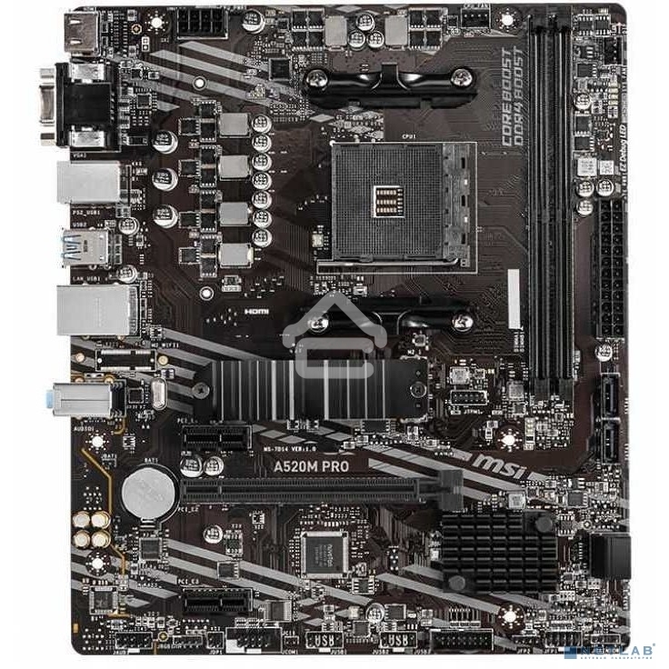 Материнская плата MSI A520M PRO, AM4, AMD A520, 2xDDR4, 4xSATA, 1xM.2, 1xPCIe 3.0 x16, 1xVGA, 1xDVI-D, 1xHDMI, 1x 1Gb LAN, 2xUSB 2.0, 4xUSB 3.2 Gen 1, 3x3.5 мм, 7.1, mATX