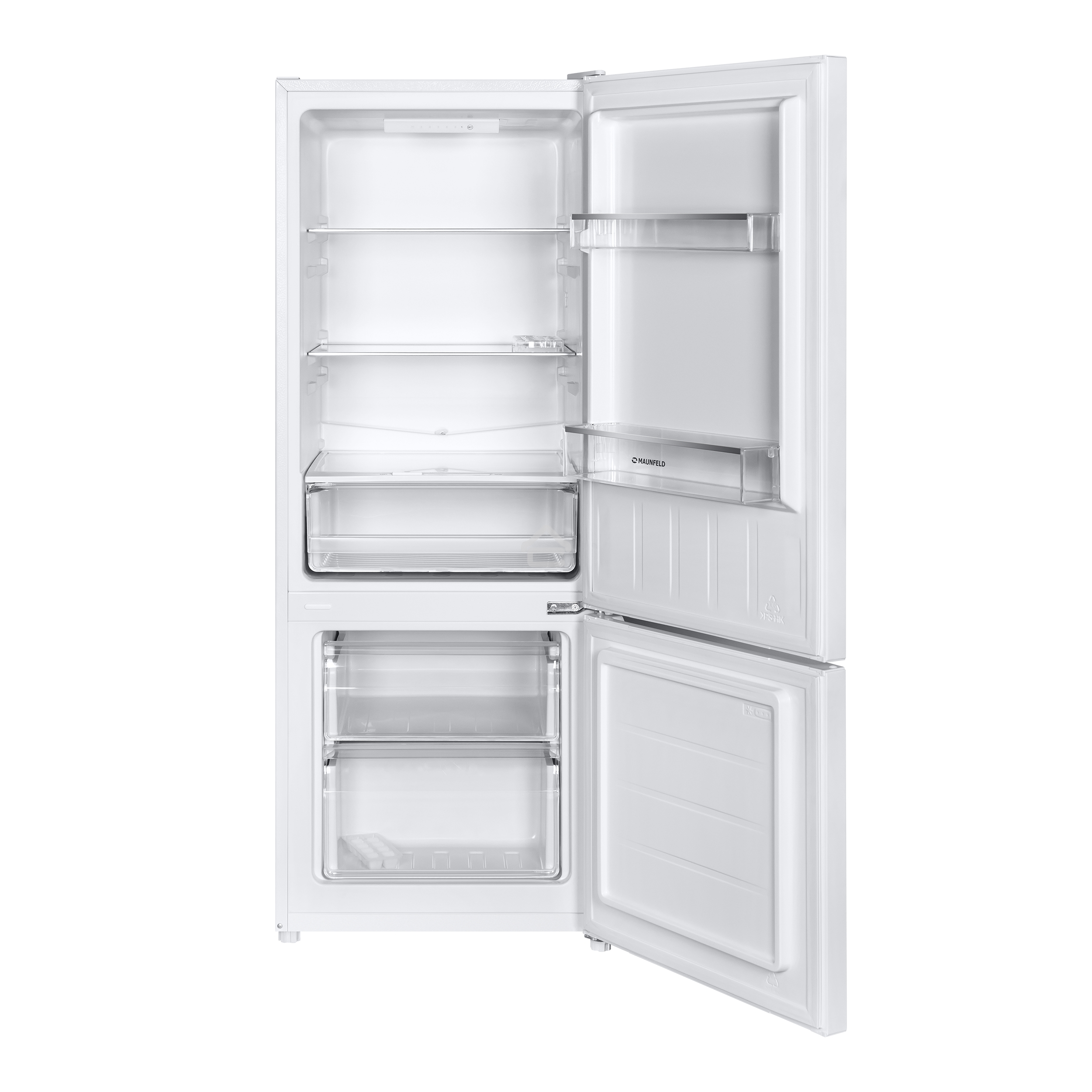 Холодильник Maunfeld MFF144SFW белый глянц. двухкамерный 154/52л морозилка снизу, ручная разморозка