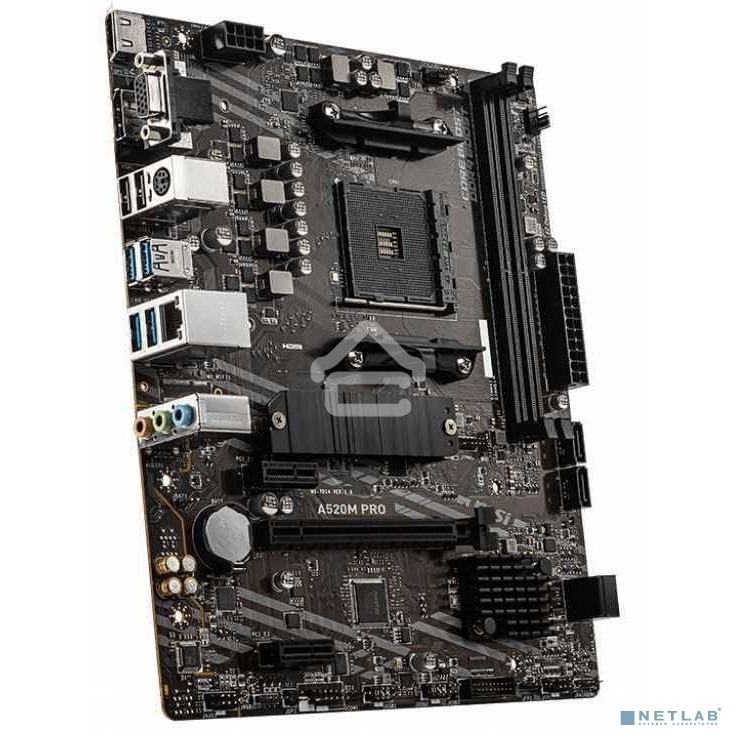 Материнская плата MSI A520M PRO, AM4, AMD A520, 2xDDR4, 4xSATA, 1xM.2, 1xPCIe 3.0 x16, 1xVGA, 1xDVI-D, 1xHDMI, 1x 1Gb LAN, 2xUSB 2.0, 4xUSB 3.2 Gen 1, 3x3.5 мм, 7.1, mATX