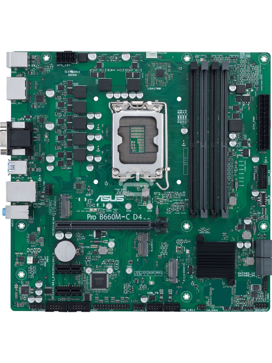Материнская плата ASUS Pro B660M-C D4-CSM, LGA 1700, Intel B660, 4xDDR4, 1xHDMI, 1xVGA, 2xDP, 1x1Gb LAN, 2xUSB-A, 3x3.5 мм, 7.1, Micro-ATX