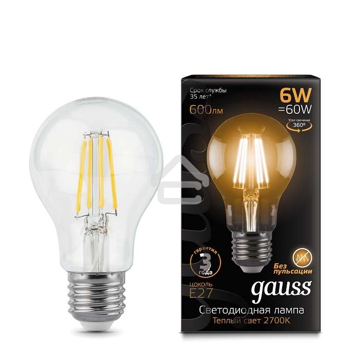 Лампа светодиодная GAUSS 102802106LED Filament А60 Е27 6Вт 2700к 1/10/40