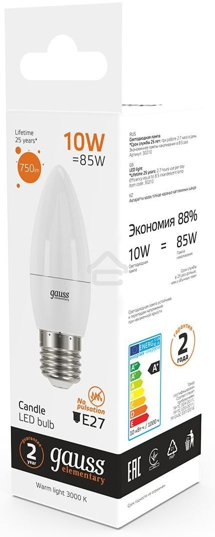 Лампа светодиодная Gauss Elementary 30210 10Вт цок.:E27 свеча 220B 3000K св.свеч.бел.теп. (упак.:10шт)