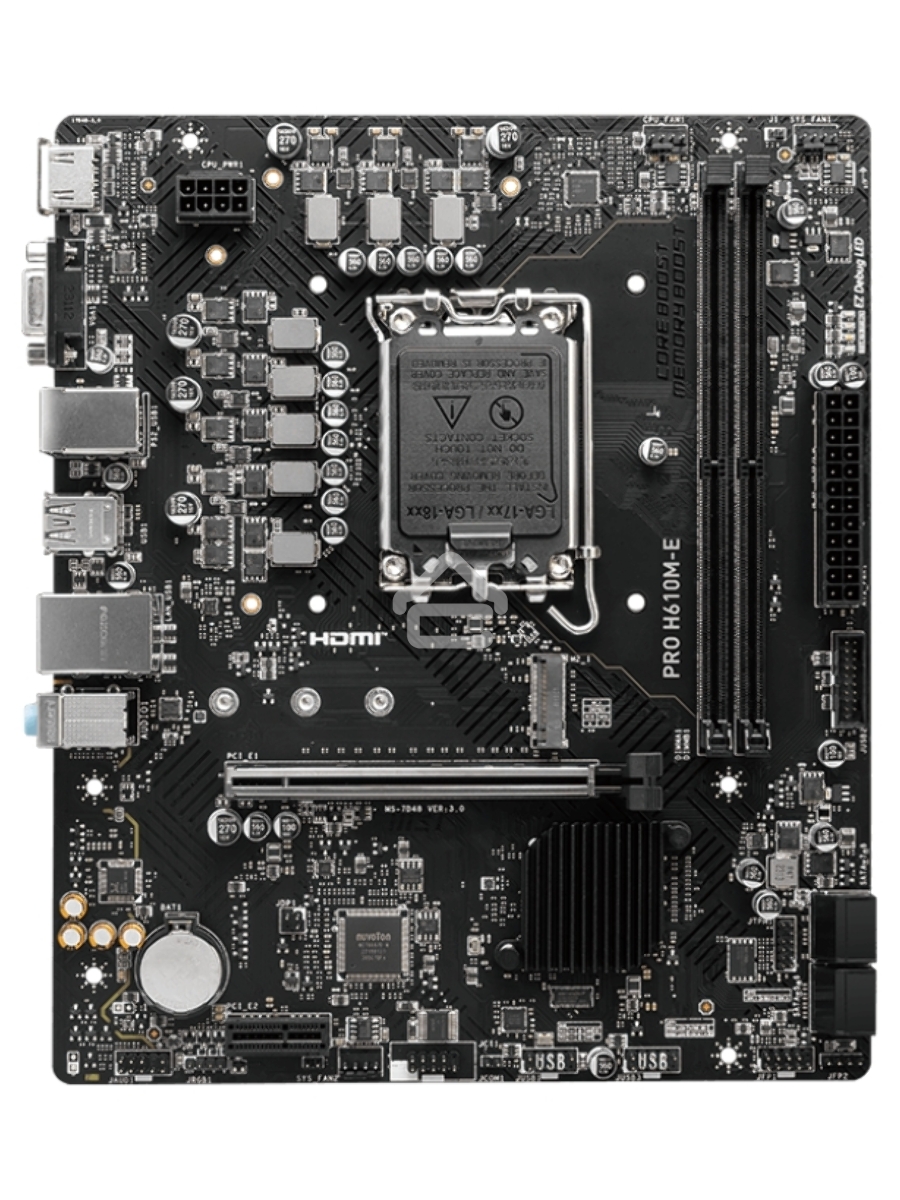 Материнская плата MSI PRO H610M-E, LGA 1700, Intel H610, 2xDDR5, 4xSATA, 1xM.2, 1xPCIe 4.0 x16, 1xPCIe 4.0 x1, 1xHDMI, 1xVGA, 1xRJ45 1Gb, 2xUSB-A 3.2 Gen 1, 4xUSB-A 2.0, 3x3.5мм, 7.1, mATX
