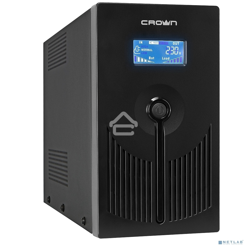 Источник бесперебойного питания CROWN 800VA/450W, металл, 1x12V/9AH, розетки 3*EURO+1*IEC bybass, трансформатор AVR 145-280V, LCD дисплей, съёмный кабель 1.2м, фильтр телефонной и ethernet линии RJ11/45, защита батареи, от перегрузки, от КЗ