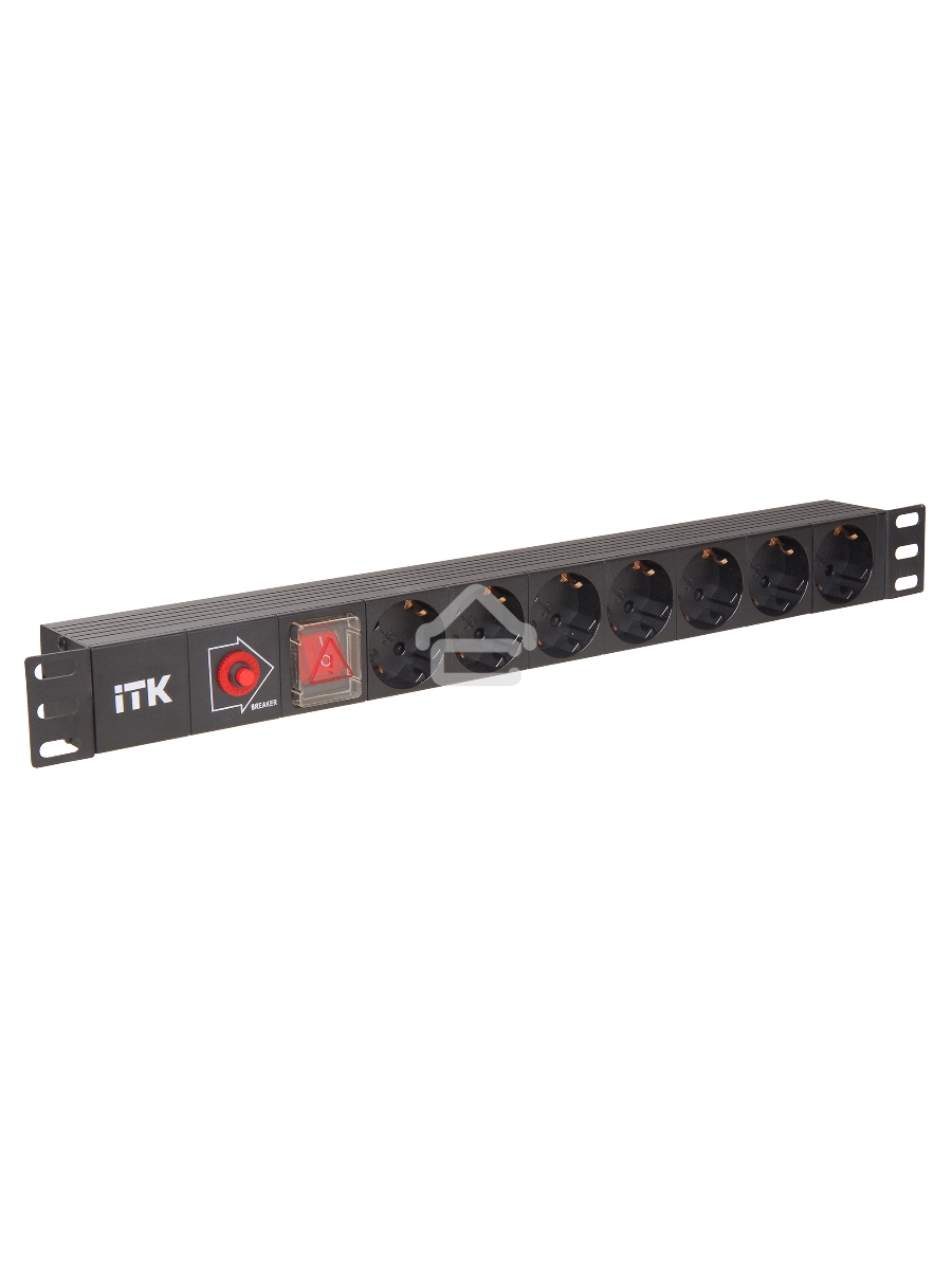 Блок ITK PDU 7 розеток DIN49440 (нем. станд.) с LED выключателем и защитой от перенапряжения, 1U, без шнура, вх. IEC320 C14, алюминевый профиль, черный