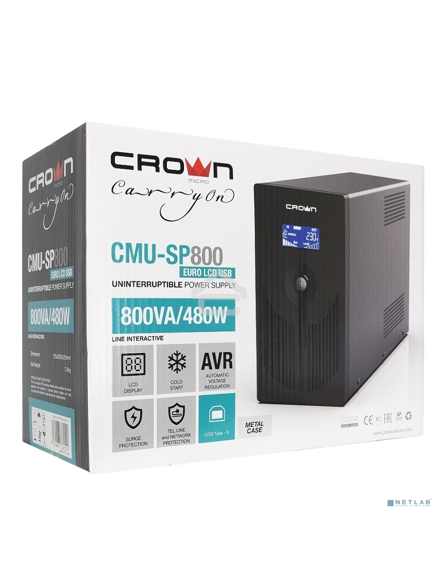 Источник бесперебойного питания CROWN 800VA/450W, металл, 1x12V/9AH, розетки 3*EURO+1*IEC bybass, трансформатор AVR 145-280V, LCD дисплей, съёмный кабель 1.2м, фильтр телефонной и ethernet линии RJ11/45, защита батареи, от перегрузки, от КЗ