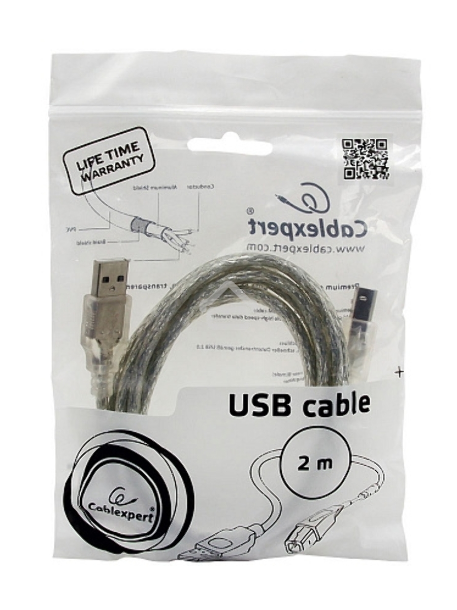 Кабель Cablexpert USB 2.0 Pro, AM/BM, 2м, экран, 2 феррит.кольца, прозрачный (CCF-USB2-AMBM-TR-2M)