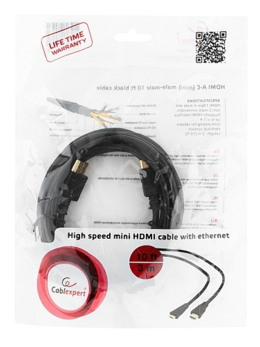 Кабель HDMI-miniHDMI Cablexpert CC-HDMI4C-10, 19M/19M, v2.0, медь, позол.разъемы, экран, 3.0м, черный, пакет