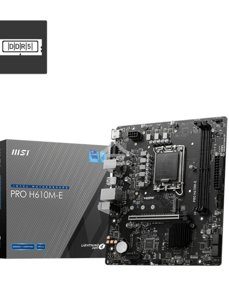 Материнская плата MSI PRO H610M-E, LGA 1700, Intel H610, 2xDDR5, 4xSATA, 1xM.2, 1xPCIe 4.0 x16, 1xPCIe 4.0 x1, 1xHDMI, 1xVGA, 1xRJ45 1Gb, 2xUSB-A 3.2 Gen 1, 4xUSB-A 2.0, 3x3.5мм, 7.1, mATX